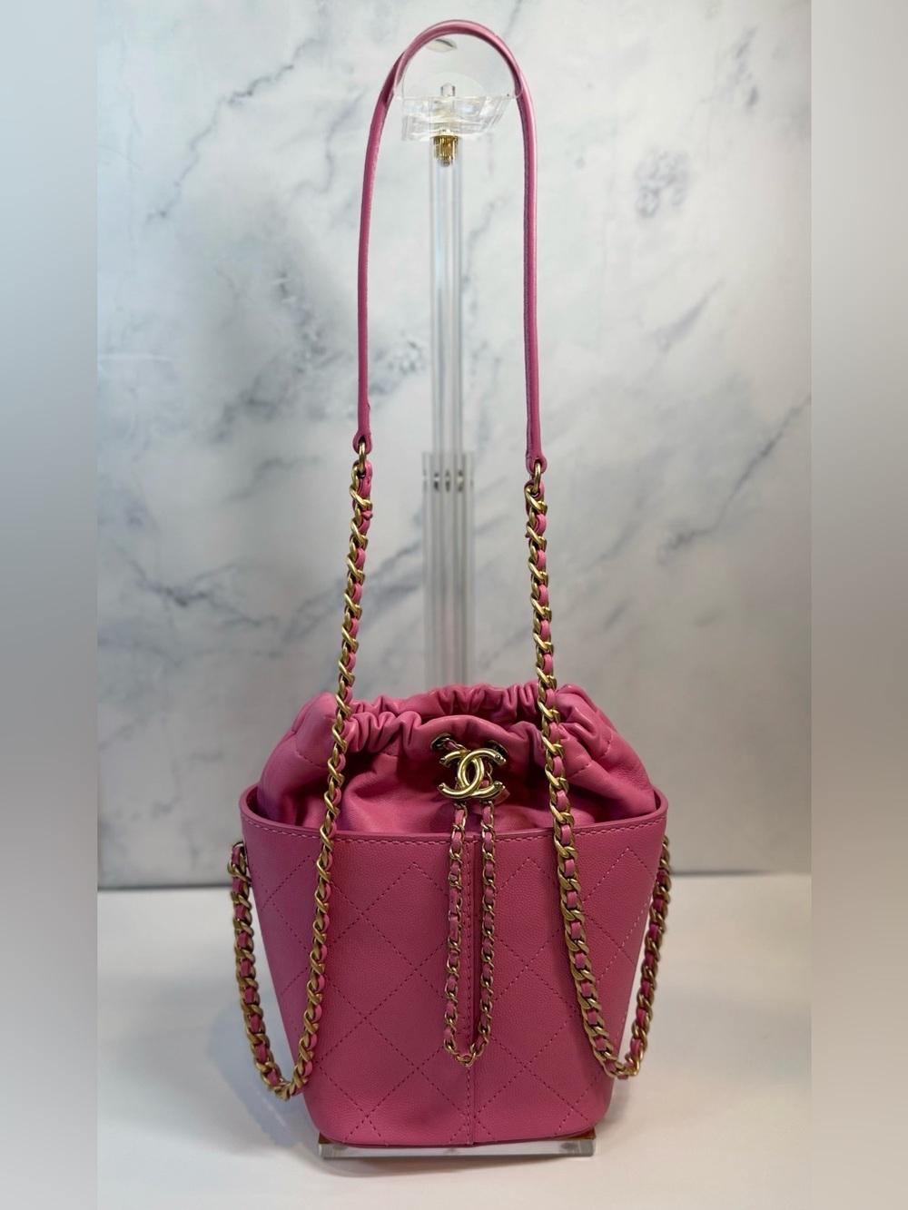 Chanel Pink Gabrielle Bucket Bag Gold Chain Crossbody